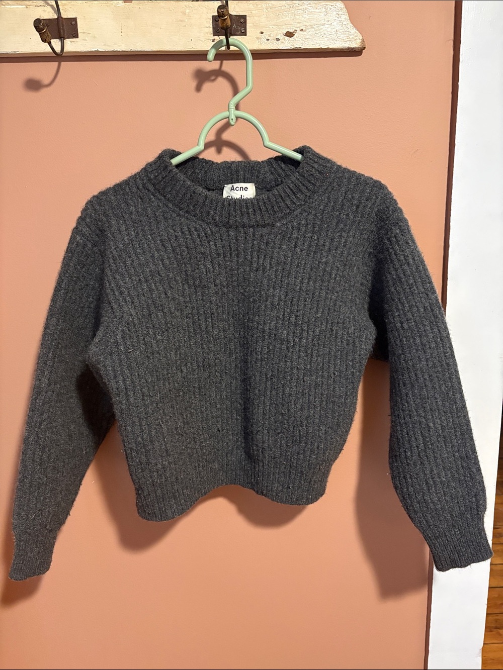 Acne Studios Dark Charcoal Ribbed Wool Crewneck Cropped Sweater